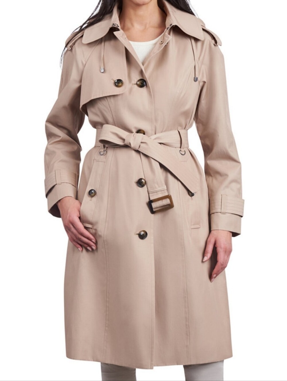 London Fog Womens Hooded Belted Maxi Trench Coat Petite Large